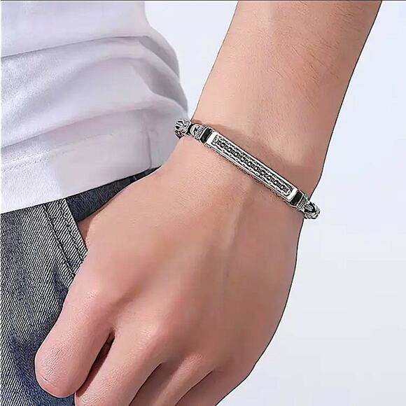 Stainless Steel Chain Link Bracelet, Mantra, Curb Hand Woven Engraved - Picture 4 of 4